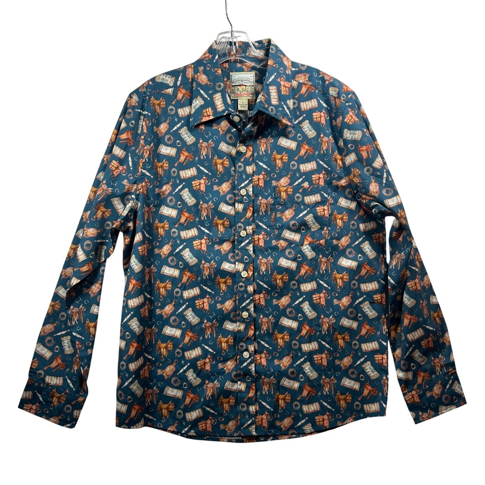 Rocking K Ranchwear Kennington Mens Teal Western Saddle Print Button Shirt L NEW